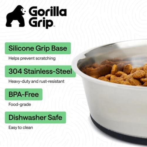 GORILLA GRIP Dog Bowl Set of 2, Holds 4 Cups, Food Grade 304 Stainless Steel, Silicone Base, Black
