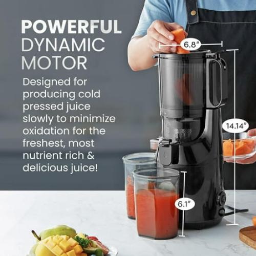 Elite Gourmet EJX320 Big Mouth Whole Fruit 5.2” Self-Feeding Chute, Cold Press Masticating Slow Juice Extractor, Hands-Free, Less Prep, Easy to Clean, Impact Resistant BPA Free Tritan, Black