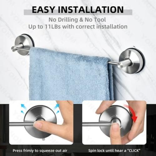 Yohom Suction Cup Bath Hand Towel Bar for Bathroom Wall Mount 22 inches Stainless Steel Hand Towel Holder for Glass Shower Door Kitchen Towel Rack Brushed