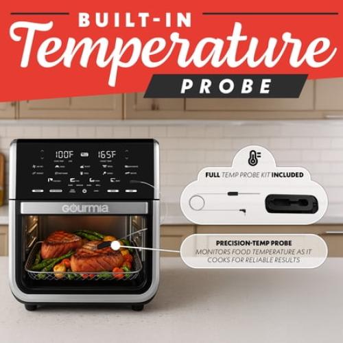 (FOOT BROKE UNUSED) Gourmia All-in-One 14-Quart Air Fryer, Oven, Rotisserie, Dehydrator with Temperature Probe, Stainless Steel