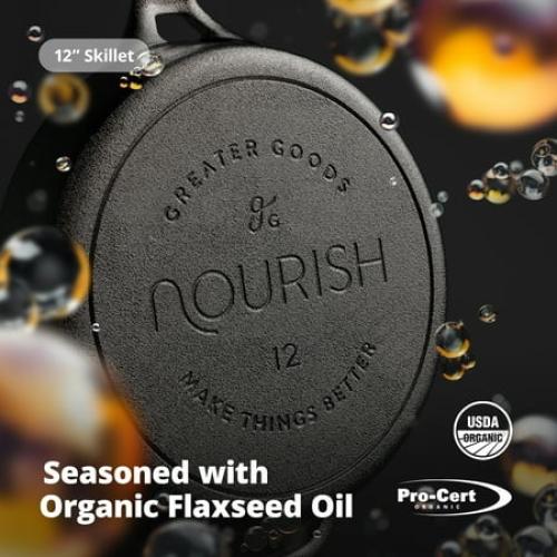 12 inch Cast Iron Skillet, Smooth Milled, Organically Seasoned Sauce Pan Surface
