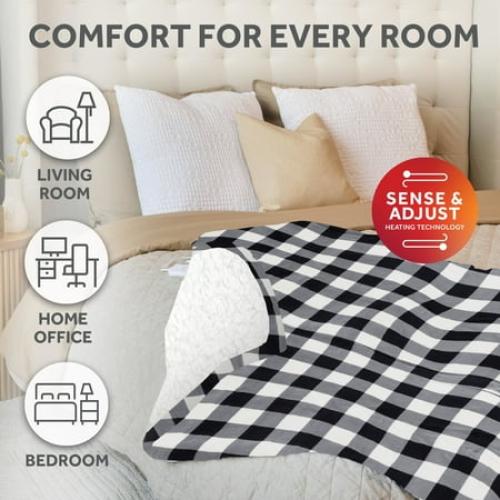 Sunbeam Electric Heated Throw Blanket Black/White Plaid Microplush Faux Shearling 4 Heat 50x70