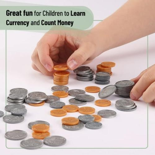 Mr. Pen- Play Money for Kids, 150 Pcs, Ages 3 , 60 pretend bills (20 $1s, 20 $5s, 10 $10s, and 10 $20s) and 90 plastic coins (30 pennies, 20 nickels, 20 dimes, and 20 quarters)