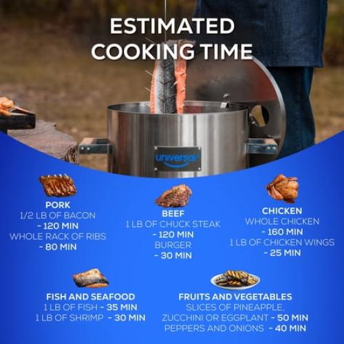 Universal 20-pound Stainless Steel (25-servings) Charcoal Barrel Smoker with Thermometer & Airlock system - 20.5x 29.6 x ⌀15.5, 2 in 1 Vertical Grill and Smoker, Slow Cooking Barrel
