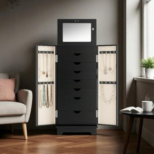 Hives & Honey Port Elegant Charcoal Jewelry Armoire: Freestanding, Lockable Wooden Cabinet for Women ***WHITE***