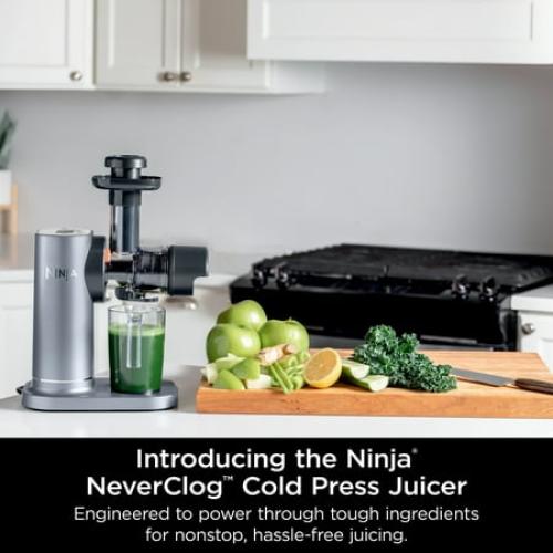 Ninja NeverClog 150W Cold Press Juicer with 18oz Jug, 30oz Pulp Container, 2-Speed, Compact, Red