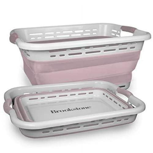 Brookstone 11 Gallon Collapsible Plastic Laundry Basket, Portable Pop-up Hamper, Foldable Storage Container, Washing Tub, Pink
