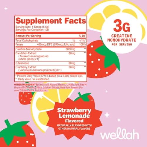 Wellah Creatine for Women (100 Servings, Strawberry Lemonade) - Creatine Monohydrate with Dandelion & Cranberry Extract
