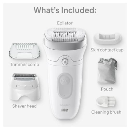 Braun Silk-epil 7 Epilator, Wet and Dry, Wide Head, Includes Shaver Head and Trimmer Comb, SE7-041, Silver