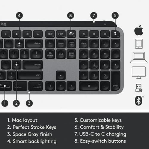 Logitech MX Keys Advanced Wireless Illuminated Keyboard for Mac, Backlit LED Keys, Bluetooth, USB-C, Metal Build - Space Gray