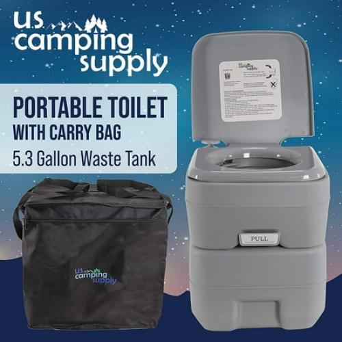 U.S. Camping Supply Portable Toilet with Carry Bag, 5.3 Gallon Waste Tank - Compact Indoor Outdoor Dual Outlet Commode - Travel, Camping, RV, Boating, Fishing - Traveling Bathroom, Water Flush Pump