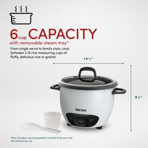 AROMA® 6-Cup (Cooked) / 1.5Qt. Rice & Grain Cooker, White, New, ARC-743G