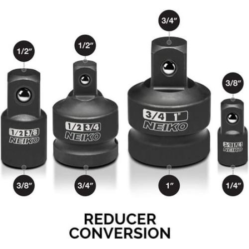 Sizes 1/4”, 3/8”, 1/2, 3/4”, 1 NEIKO 30223A 8 PC Impact Socket Adapter Set, Standard SAE, Cr-V Steel, Impact Driver & Wrench Conversion Kit, Locking Impact Socket Adapters & Reducer Set, Ball Detent, 1/4”, 3/8”, 1/2, 3/4”, 1”