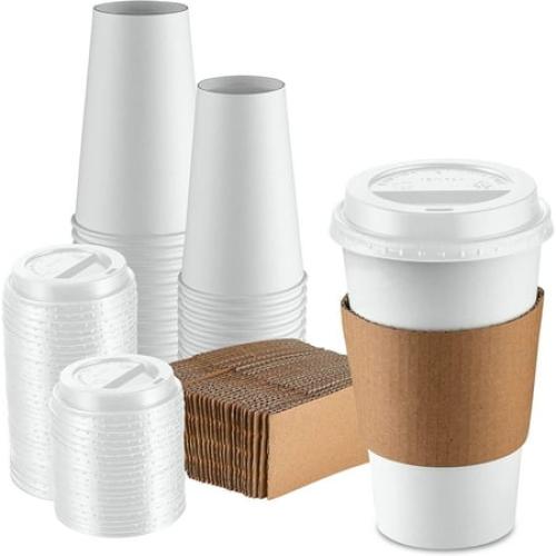GUSTO 16 Oz Disposable Coffee Cups with Lids & Coffee Sleeves Paper Cups, 50-Pack