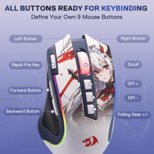 Redragon M612AK PRO RGB Anime Gaming Mouse, 8000 DPI Wired/Wireless Optical Mouse with 9 Programmable Buttons & 7 Backlit Modes, BT & 2.4G Wireless, Software Supports DIY Keybinds Rapid Fire Button