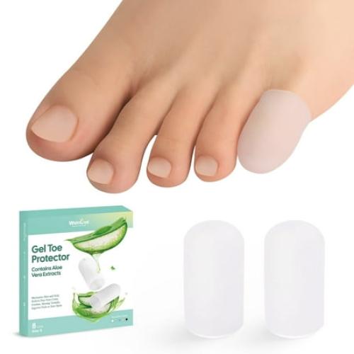 Welnove Gel Toe Cap and Protector - Silicone Toe Covers - Toe Cushions for Pain Relief, Missing or Ingrown Toenails, Corns, Calluses, Blisters - Infused Aloe Vera Extract (8 Small, Clear)