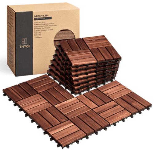 THYOI 10 Pcs Interlocking Deck Tiles 12 x 12, Patio Flooring Outdoor Waterproof, Acacia Wood Tiles All Weather, Floor Tiles for Balcony, Backyard, Indoor and Outdoor use (Round Joint, Dark Brown)