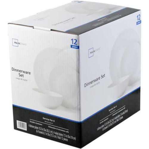 Mainstays Glazed White Stoneware Dinnerware Set, 12-Pieces