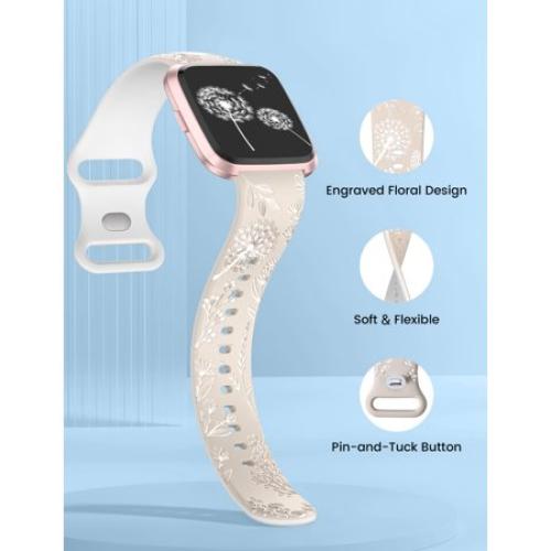 Wearlizer 2 Packs Floral Engraved Band Compatible with Versa 2 Bands for Women, Two-Tone Flower Soft Silicone Sport Strap for Versa/Versa 2/Versa Lite/Versa SE Smart Watch