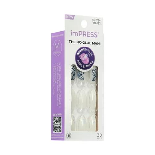 KISS imPRESS Design Press on Nails, Dazzle, White, Medium Almond, 30 Count