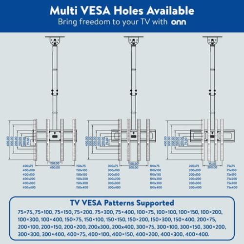 onn Full Motion Ceiling TV Mount for 26 to 65 TVs, UL Listed, Holds up to 110 lbs