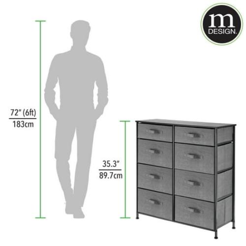 mDesign Tall Storage Dresser Furniture with 8 Slim Fabric Drawers, Dark Gray