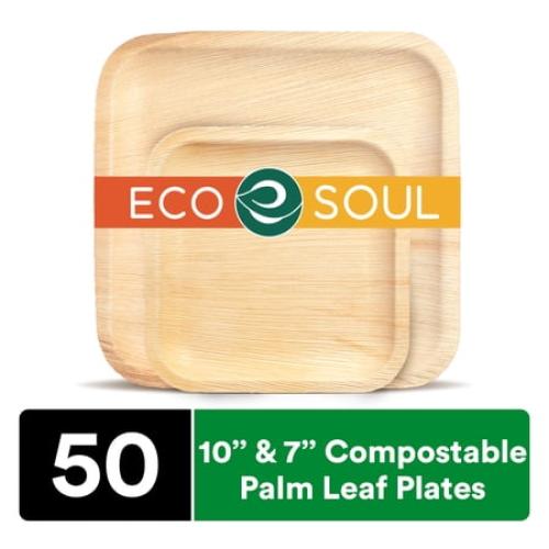 ECO SOUL 100% Compostable 10 Inch & 7 Inch Palm Leaf Plates Premium Disposable Plates Set I Heavy Duty Eco-Friendly Bamboo Plates like I Biodegradable Party Plates Pack