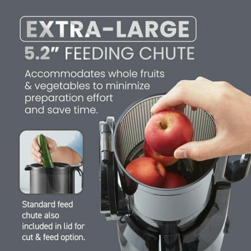 Elite Gourmet EJX320 Big Mouth Whole Fruit 5.2” Self-Feeding Chute, Cold Press Masticating Slow Juice Extractor, Hands-Free, Less Prep, Easy to Clean, Impact Resistant BPA Free Tritan, Black