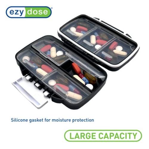 Ezy Dose Moisture-Proof Pill Organizer, Travel-Friendly, Latch-Closure to Secure Contents, 4 Individual Compartments of Multiple Sizes with Tight Seal, Medium, Black