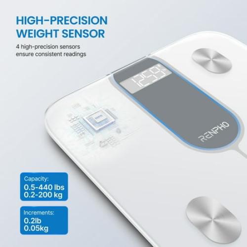 RENPHO Bluetooth Smart Body Fat Scale with App, High Precision, 13 Key Health Metrics, 440lbs, White