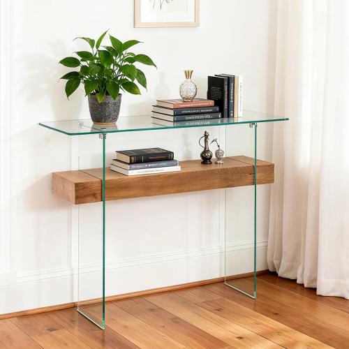 31.5'' Narrow Glass Console Table with Storage, Small Entryway Table with Natural Wood Shelves
