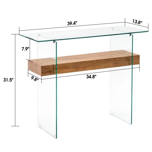 31.5'' Narrow Glass Console Table with Storage, Small Entryway Table with Natural Wood Shelves