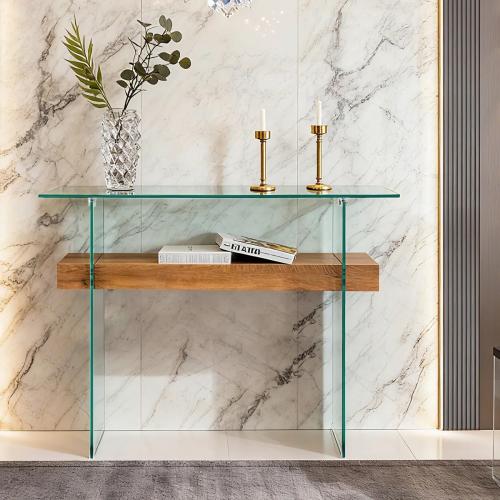 31.5'' Narrow Glass Console Table with Storage, Small Entryway Table with Natural Wood Shelves