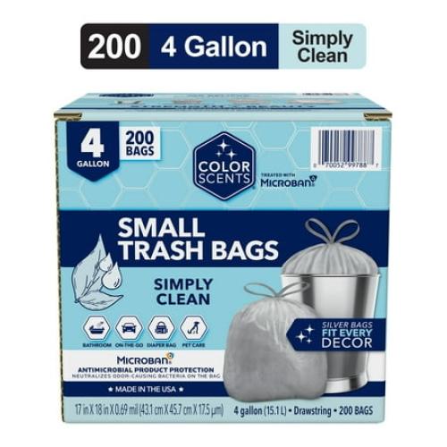 Color Scents 4-Gallon Small Drawstring Trash Bags with Simply Clean Scent and Microban, 200 Bags