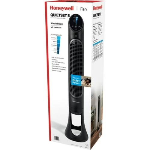 Honeywell 40 Black Quiet Set Oscillating Tower Fan, 30ft Air Circulation Power, 5 Speed, Auto Off Timer, HYF260B