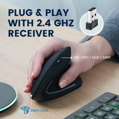 Perixx PERIMICE-713RX Wireless Rechargeable Vertical Mouse - Duo Wired and Wireless Charging Feature - Wireless Charging Pad Included - 6 Buttons Design - Black - Right-Handed Design