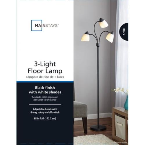 Mainstays 3 Head Adjustable Floor Lamp, Black with White Plastic Shades, Classic, Young Adult, Adult use.
