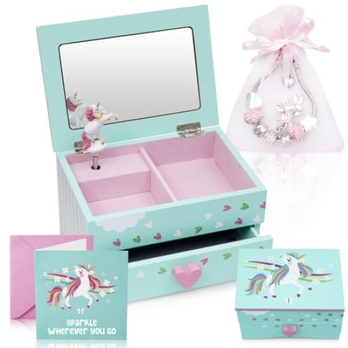 Amitie Lane Itsy Unicorn Musical Jewelry Box, Unicorn Charm Bracelet, Girls Ages 6 , Mint Green