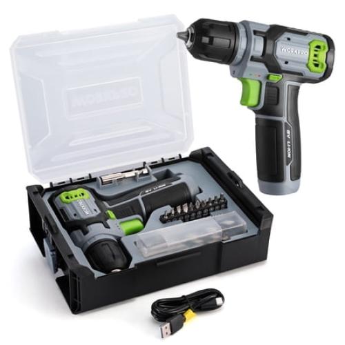WORKPRO Cordless Power Drill Set with Stackable Tool Box, 8V Cordless Drill Driver and Bit Set, 2.0Ah Electric Cordless Screwdriver Kit with 3/8 Keyless Chuck, Portable Drill for Home Repair, DIY
