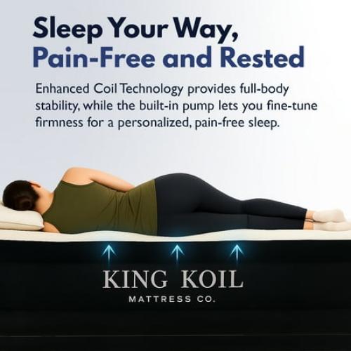 King Koil Luxury Air Mattress Queen with Built in Pump, Integrated Premium Pillow Inflatable Airbed for Guests, Camping & Home