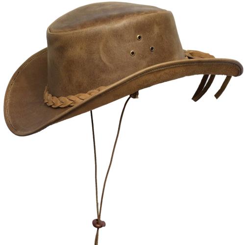 BRANDSLOCK Cowboy Hat Leather Outback Sun Hat with Chin Cord (Tan 2XL)