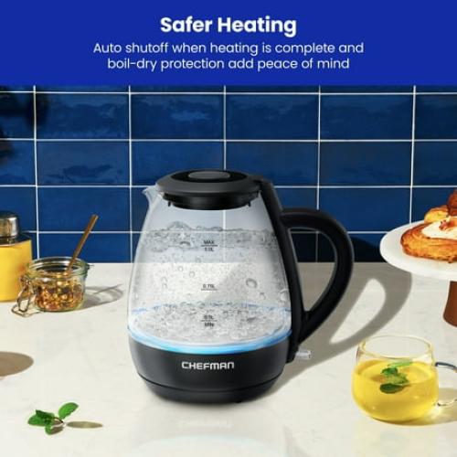 Chefman 1L Electric Glass Kettle w/ LED Indicator Light, Automatic Shutoff - Black, New