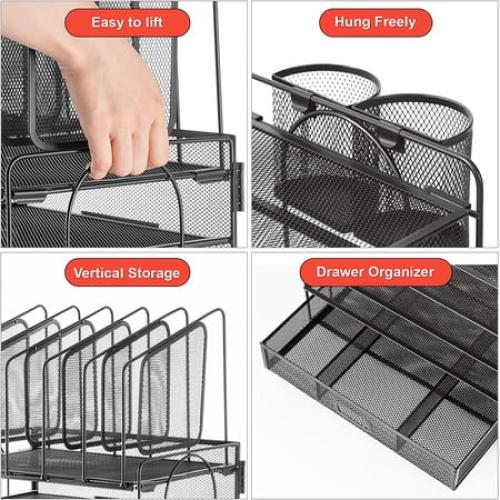 Marbrasse Desk Organizer with Drawer, 4-Tier Mesh Desk File Organizer with 5 Vertical File Holders and 2 Pen Holders, Multifunction Desktop Organizer,Desk Organizers and Accessories for Home Office