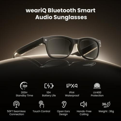 WeariQ Bluetooth Smart Glasses – Matte Black Audio Sunglasses – Black Polarized Lenses, Open-Ear Speaker, 10-Hour Playtime, Hands-Free Calls, Voice AssistantHands-Free Calls & Music