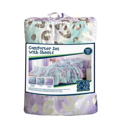 Your Zone Metallic Foil Cheetah Full Bedding Set for Kids, Purple, 7 Pieces with Storage Bag