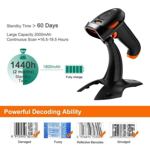 Tera Wireless 2D QR Barcode Scanner with Stand Bluetooth 2.4GHz USB Wired Handheld Bar Code Reader for Price Check HW0001