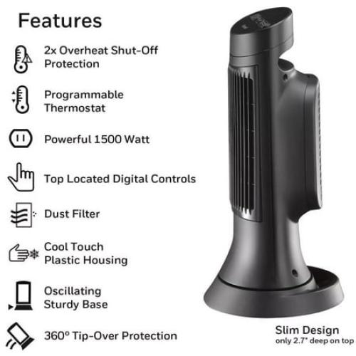 HCE309B Black 1500W Electric 2 Speed Programmable Ceramic Space Heater for Medium-to-Large Rooms