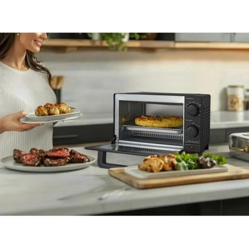 Mainstays 4 Slice Countertop Toaster Oven with 3 Settings, Includes Baking Rack and Pan, Black, New