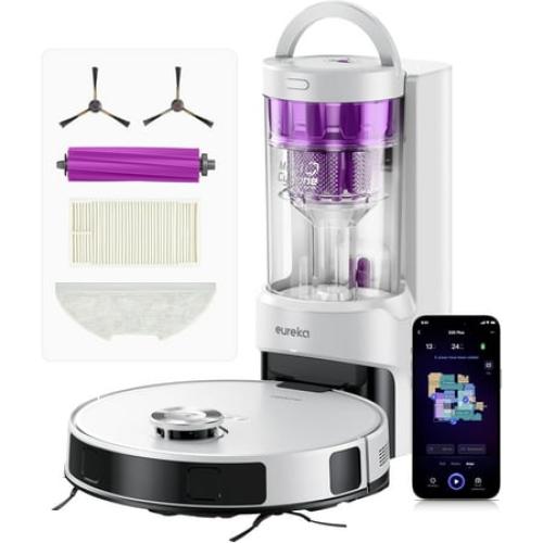 White Eureka E20 Plus Robot Vacuum with Bagless Self Emptying Station, Robotic Vacuum and Mop Combo, 45-Day Capacity, Upgraded 8000Pa Suction and Anti Hair-Tangling Brush, LiDAR Navigation, App Control