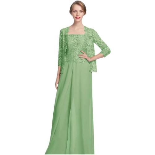 Color Light Green 3 Pieces Mother of The Bride Pant Suits for Wedding Long Lace Sleeve Chiffon Formal Outfits with Jacket KW012